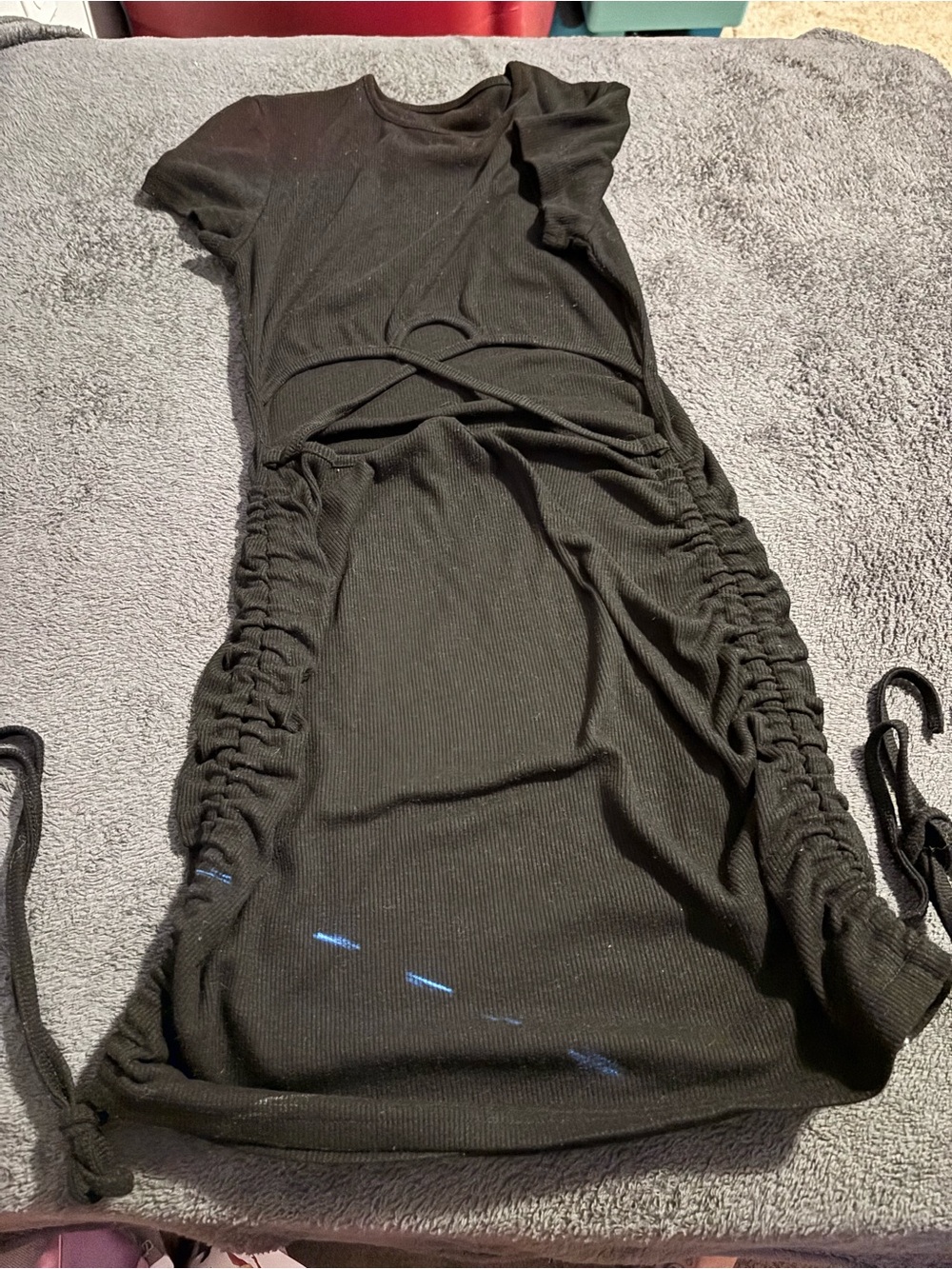 SHEIN Black Ruched Ribbed Bodycon Dress with Side Ties